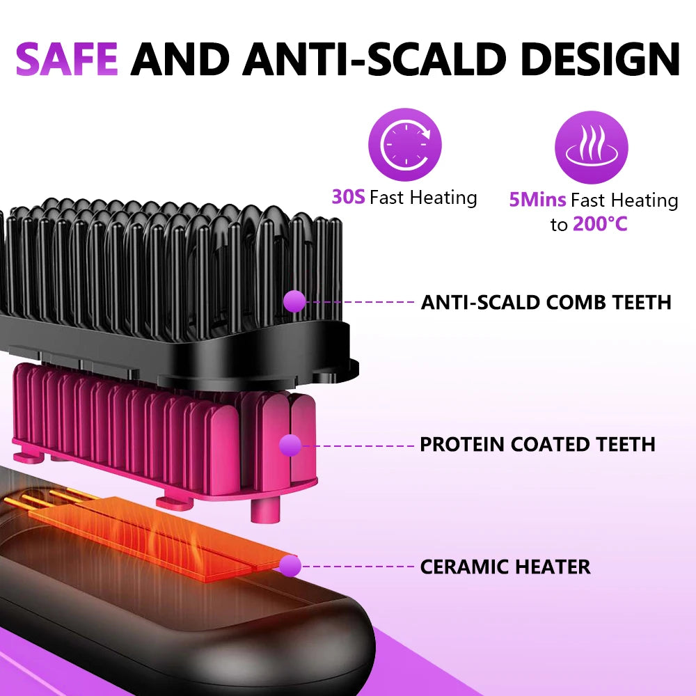 Cordless Hair Straightener Brush 3 Temperature Electric Negative Ions Ceramic Anti-Scald Heated Comb Hair Styling Tools