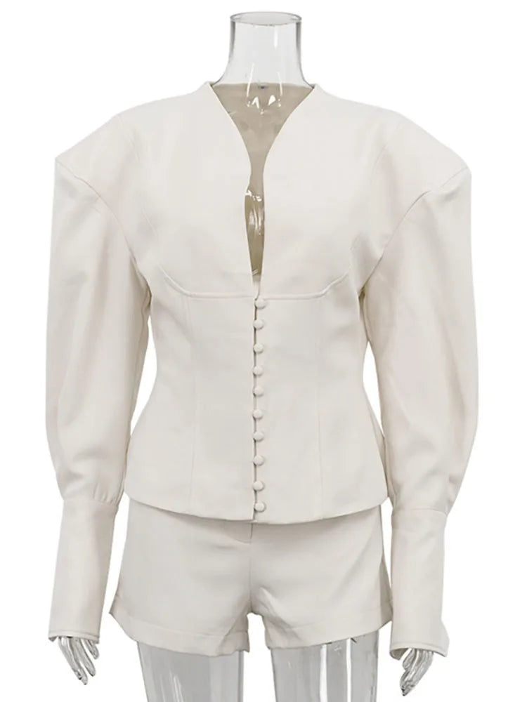 FANTOYE Sexy Deep V-Neck Long Sleeve Shoulder Pads Women 2 Piece Sets Beige Single Breasted Tops Short Pants Winter Lady Outfits