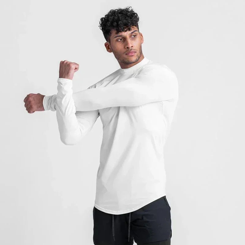 Einfarbige, eng anliegende, schweißabsorbierende, elastische Shirts Fitnessstudio Bodybuilding Fitness Rollkragen-T-Shirts Herren Langarm Schnelltrocknend Herbstkleidung