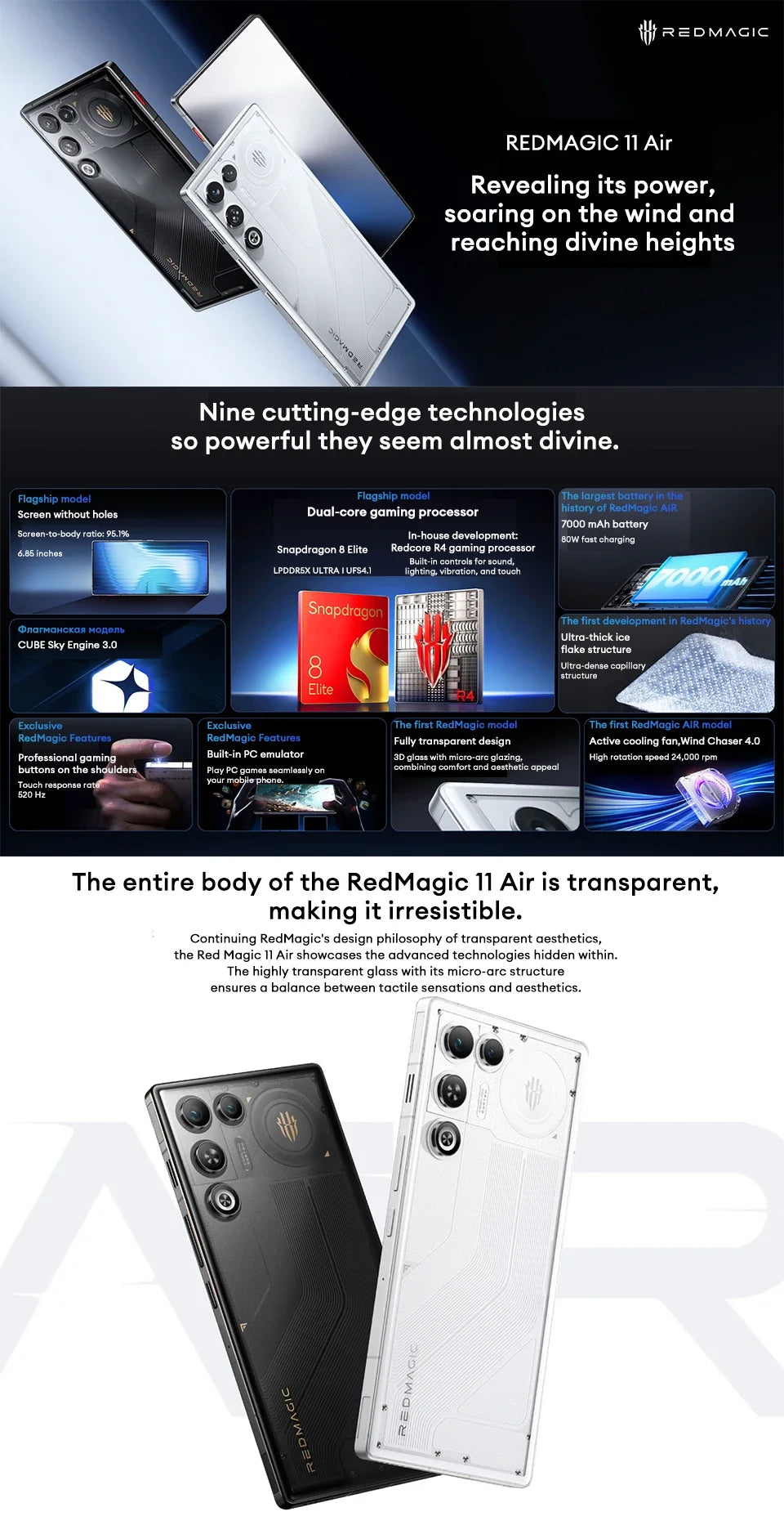REDMAGIC 11 Air ist mit einem Prozessor 8 Elite und RedCore R4 sowie einem Hochleistungsakku von 7.000 mAh ausgestattet und bietet ein e