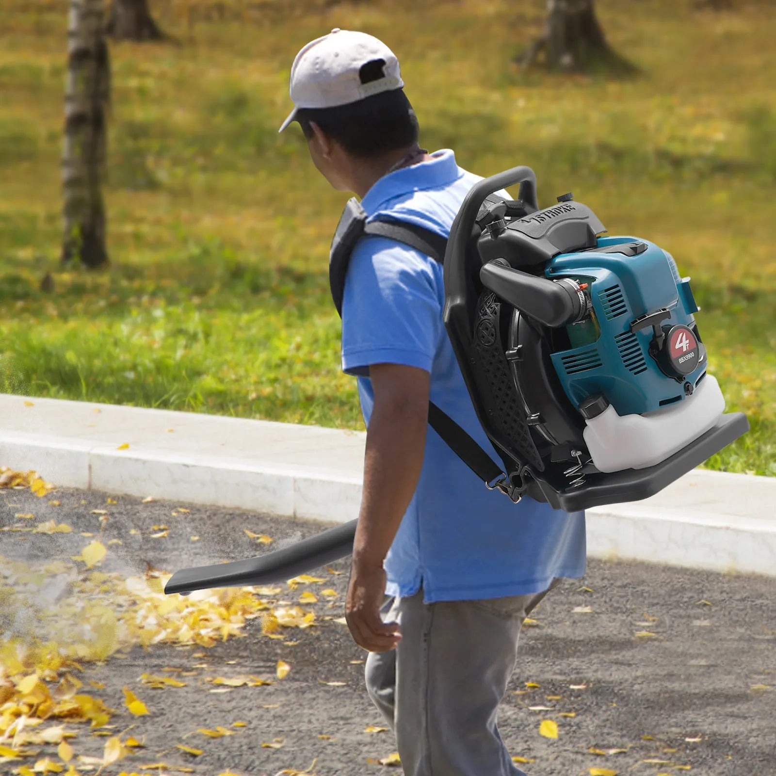 75.6CC 4-Takt Benzin-Rucksacklaubbläser, 2600W 498FT mit Tempomat, zur Reinigung von Gartenabfällen, kommerzieller und privater Gebrauch