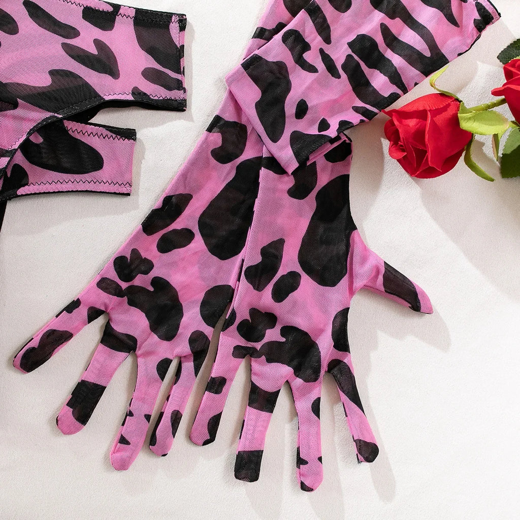 Sexy rosa Leoparden-BH-Handschuhe Beinsocken Dessous-Set Damen Perspektive Bequemes Mesh Exotische Kleidung Unterwäsche Anzug