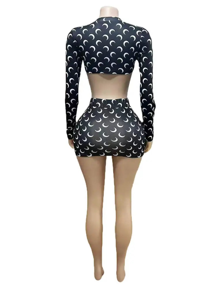 Zweiteiliges Mode-Set für Damen, Frühling/Herbst-Outfit, Langarm, kurzes Dekotop und Hüft-Kurzrock, Freizeit-Set