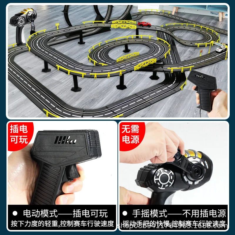 Elektrische ferngesteuerte Slot-Car-Rennbahn, groß, 2 Spieler, wettbewerbsfähig, Dual-Modus, ferngesteuert, einstellbar, Spleißen, Kinder-Erwachsenen-Geschenkset