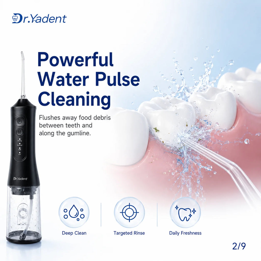 Dr.Yadent YD06 Kabelloser Munddusche Wasserflosser 300ML Tragbarer Wasserstrahl USB-C Schnellladung 7 Düsen 4 Modi IPX7 Wasserdicht