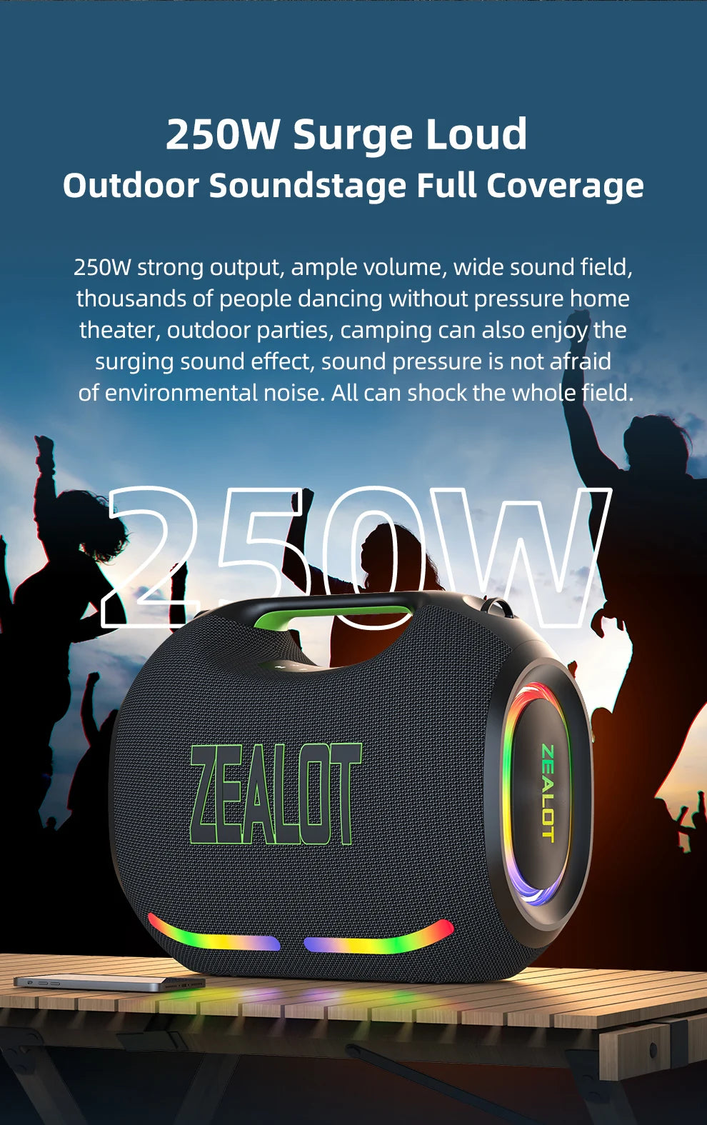 ZEALOT-ZE21 250W Tragbarer Bluetooth Lautsprecher Hohe Lautstärke Wasserdicht 48000mAh Kabelloser TWS Subwoofer Unterstützt USB/TF/AUX RGB-Licht