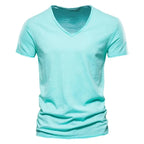 Frühling Sommer Baumwoll-T-Shirts Herren 2025 Schlichtes V-Ausschnitt Stretch Uni Neue Oberteile Kleidung Freizeit-T-Shirt Mann Streetwear Coole T-Shirts
