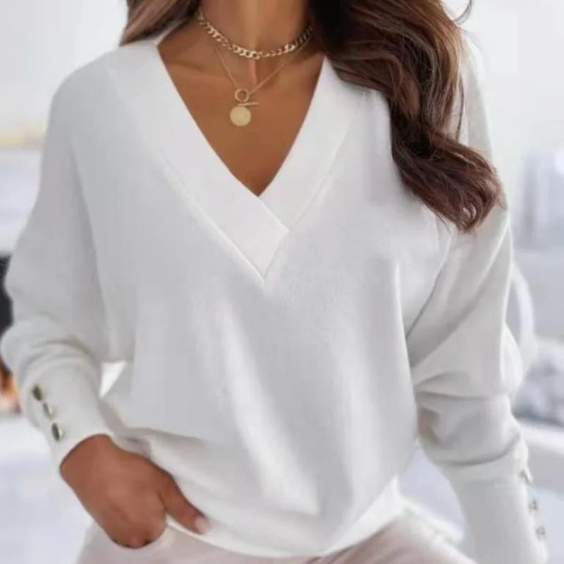 Frühling Herbst Damen Reiner Weicher Langarmpullover V-Ausschnitt Mode Jumper Büro Dame Knopf Lockerer Freizeit Pullover Oberteil Pullover