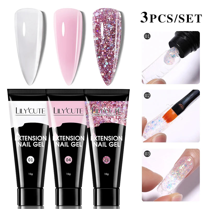 LILYCUTE 15ml Verlängerungsgel-Nagellack-Set Quick Nail Prolong mit Verlängerungsform-Nagelspitzen Acryl-Lösung Maniküre-Werkzeug-Kit
