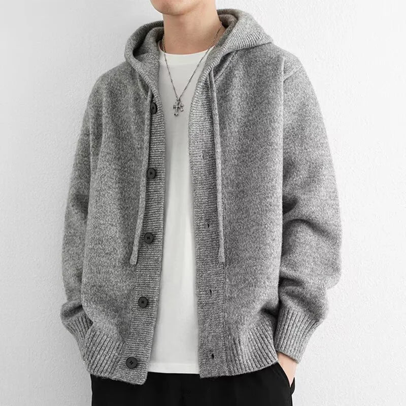 Neue lässige Luxus Strickjacke mit Kapuze für Herren Koreanische Mode Lockerer Cardigan mit Knopfleiste Y2K Vintage Streetwear Strickwaren Mantel