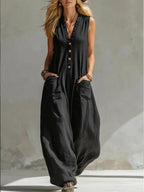 Jumpsuits Damen 2026 Playsuits Doppel-Taschen lässige Leinen-Baumwoll-Ärmellose lange Jumpsuits Damenbekleidung