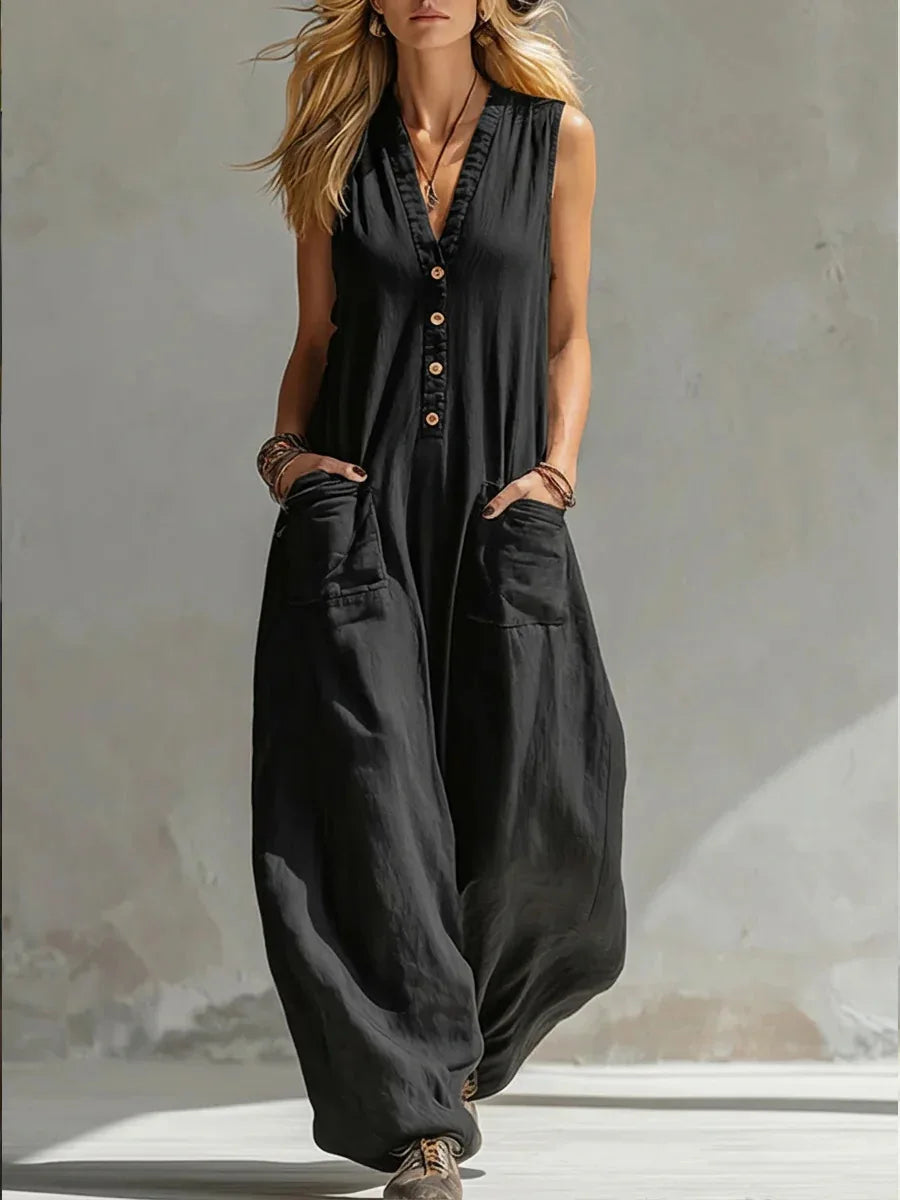 Jumpsuits Damen 2026 Playsuits Doppel-Taschen lässige Leinen-Baumwoll-Ärmellose lange Jumpsuits Damenbekleidung