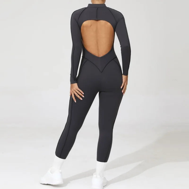 Damen-Trainingsanzug Fitness-Workout Sportkleidung Outfit Reißverschluss-Jumpsuit Yoga Fitness Overall Set Offene Rücken Bodysuits Anzug für Damen