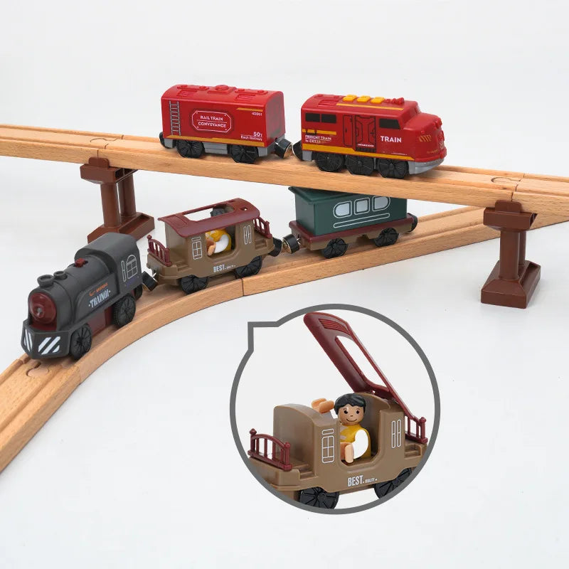 Hölzernes Elektroauto-Set Magnetischer Elektrozug mit kleiner Puppe Druckguss-Steckspielzeug-Set Kompatibel mit Eisenbahn-Holzschienenbahn