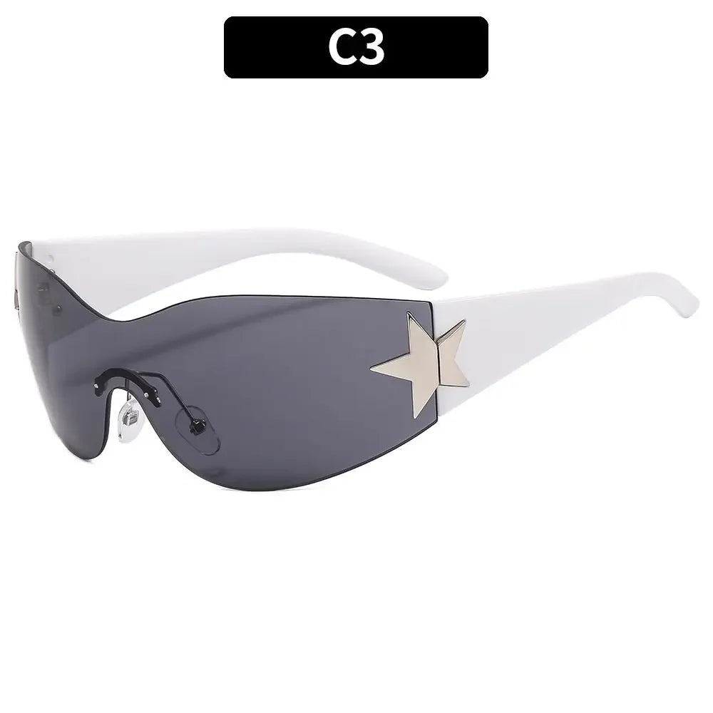Neue Y2K Randlose Punk-Sonnenbrille Goggle Damen Herren Luxusmarke Wrap Around Sonnenbrille Fünf Sterne Eyewear Sport One Piece Shades