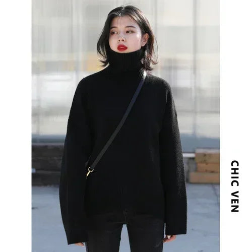 CHIC VEN Koreanischer Damen Pullover Lockerer Rollkragenpullover Warme Einfarbige Pullover Strickwaren Basic Female Tops Herbst Winter 2022