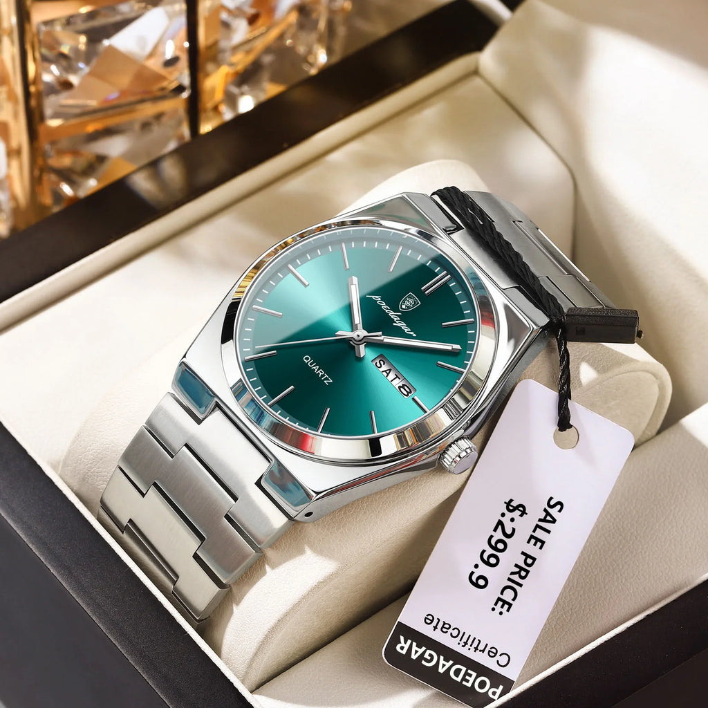 POEDAGAR Luxus Herrenuhren Wasserdicht Leuchtende Datumsanzeige Wochentag Herrenuhr Edelstahl Casual Mode Quarz Herren Armbanduhr Reloj