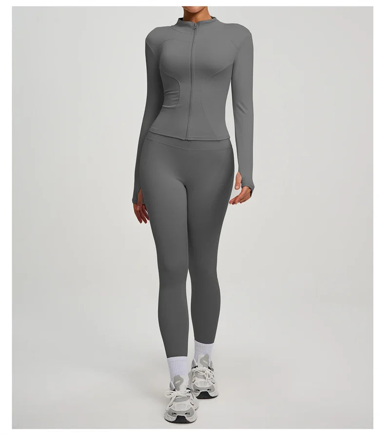 SVEIC Damen Zweiteiliger Trainingsanzug Yoga Set Langarmjacke High Waisted Leggings Atmungsaktive Sportkleidung Für Frauen