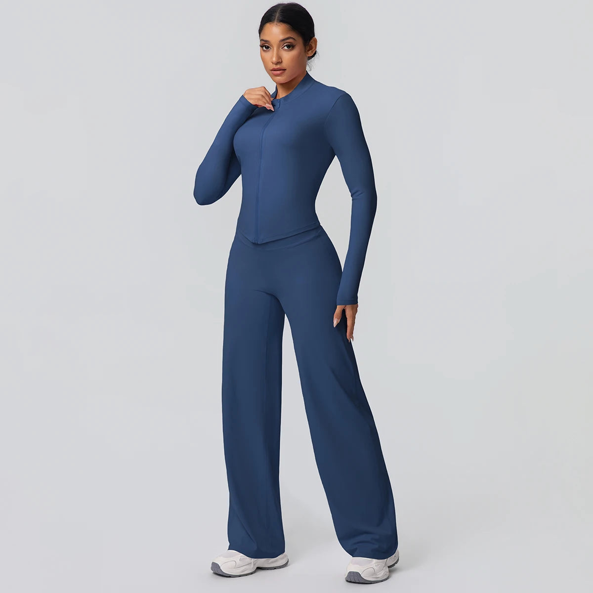 2-teiliges schnelltrocknendes Sport-Fitness-Bekleidung Yoga-Set Damen Yoga Reißverschluss Langarm High Waisted atmungsaktive weite Hose Set