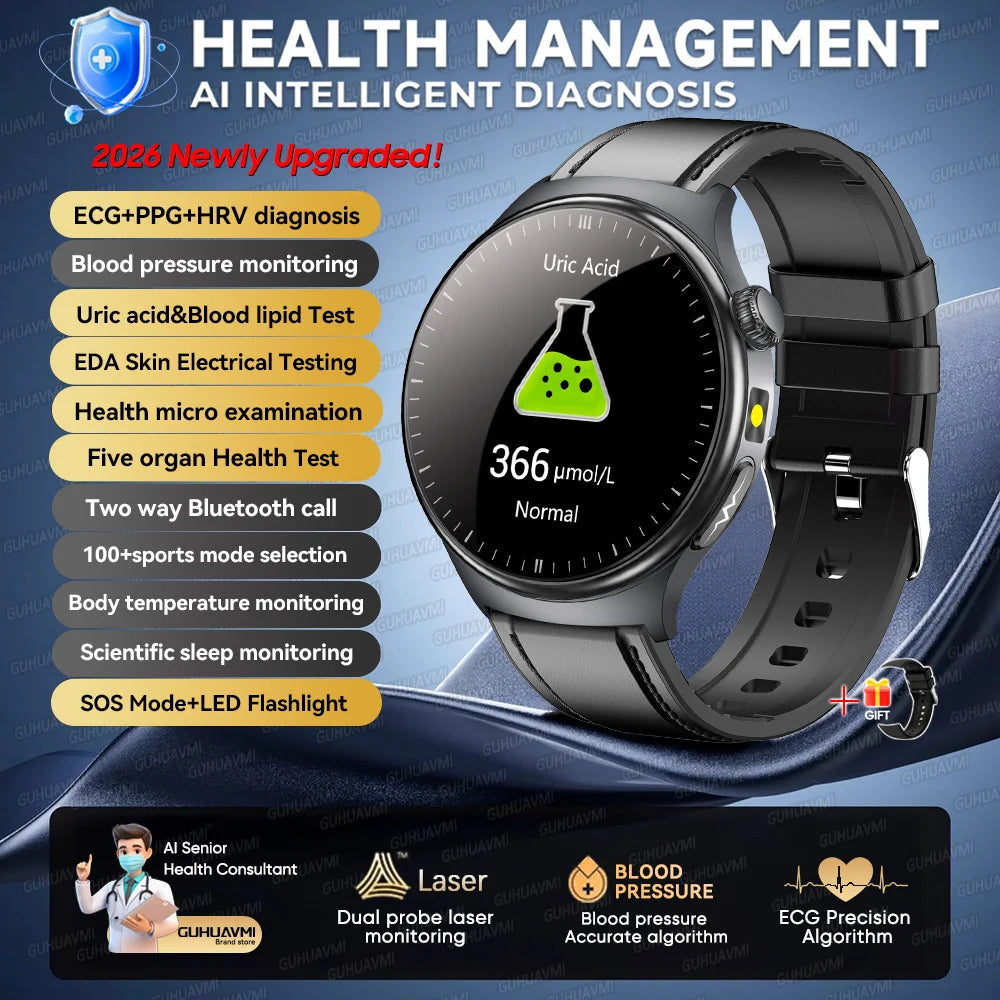 2026 Neue Mikrophysikalische Untersuchung Gesundheits-Smartwatch Herren EKG Harnsäure Lipide Blutdruck BT Anruf Smartwatch Für Android IOS