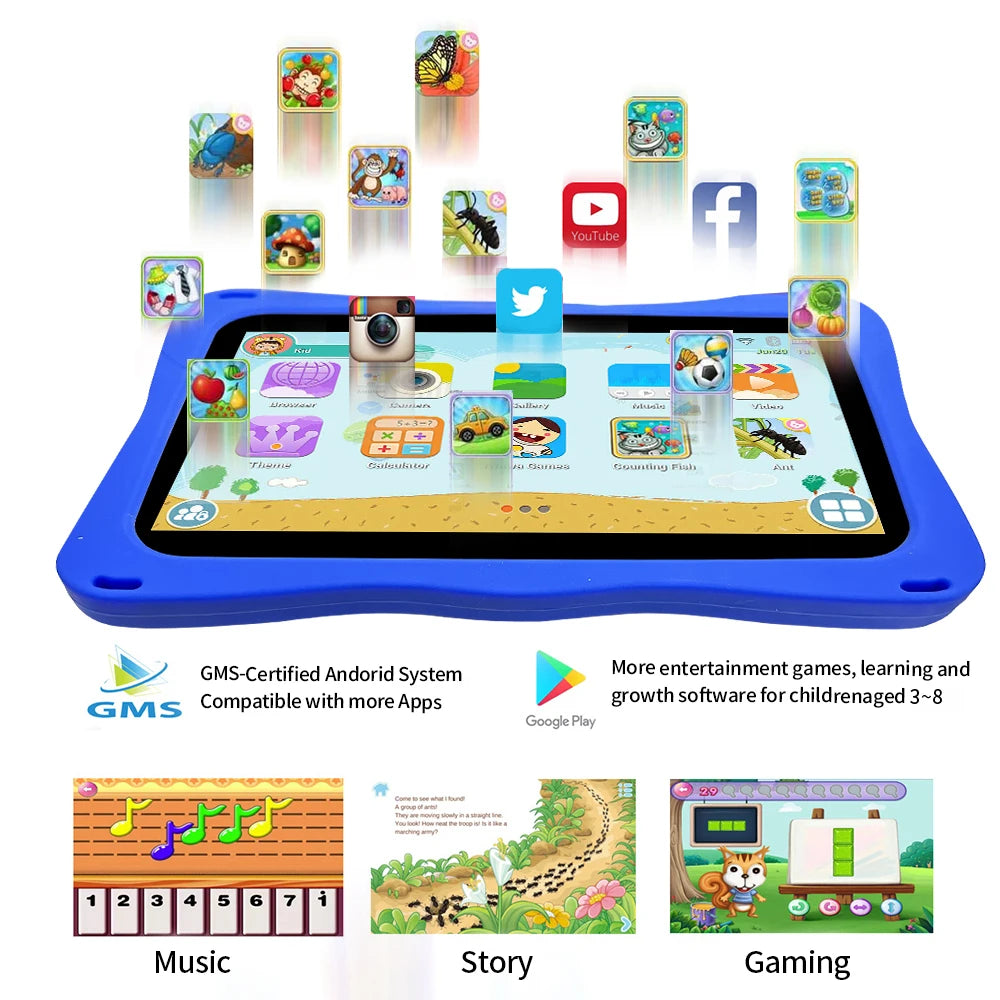 BDF Tablet für Kinder 7 Zoll Android 11 System 32 GB WiFi Bluetooth Dual-Kamera Bildungssoftware installiert mit Schutzhülle
