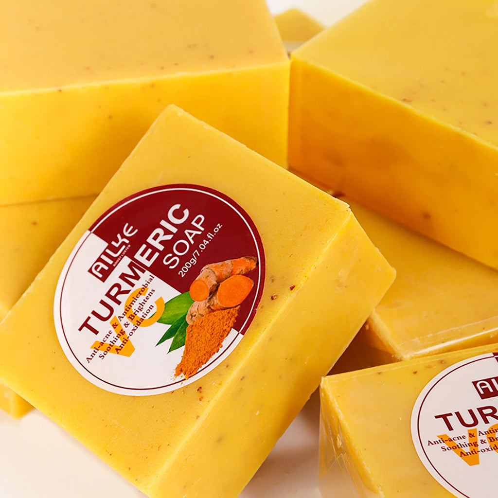 AILKE Natürliche Kurkuma-Badeseife für Gesicht, Körper, Hände, Aufhellung, Reinigung, gleichmäßiger Hautton, gegen dunkle Flecken und Akne, 200g