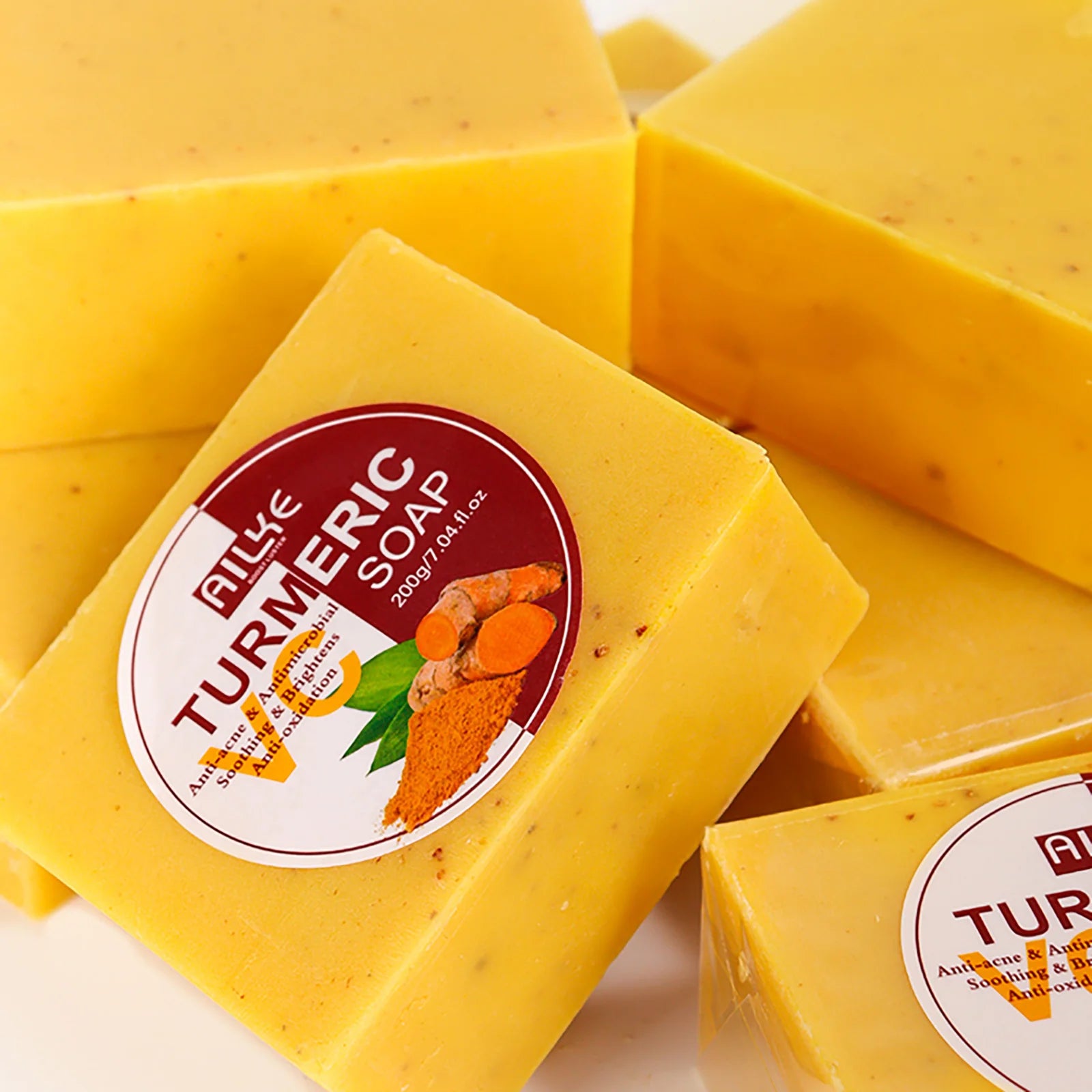 AILKE Natürliche Kurkuma-Badeseife für Gesicht, Körper, Hände, Aufhellung, Reinigung, gleichmäßiger Hautton, gegen dunkle Flecken und Akne, 200g