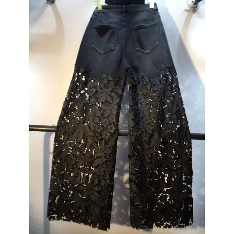 Neue Sommer Denim Patchwork Hakenblume Aushöhlen Spitze Gerade Weite Hose Casual Hohe Taille Schwere Stickerei Strass