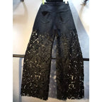 Neue Sommer Denim Patchwork Hakenblume Aushöhlen Spitze Gerade Weite Hose Casual Hohe Taille Schwere Stickerei Strass