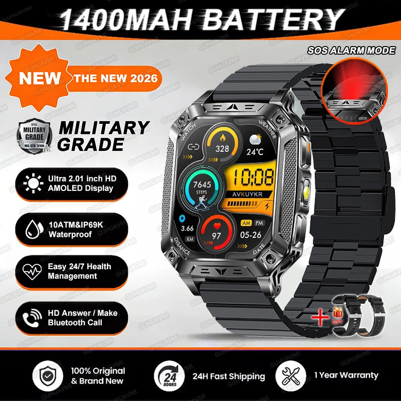 2026 TANK Neue 1400mAh Militär GPS Smartwatch Herren 2.01" AMOLED-Bildschirm 10ATM Wasserdichte Uhr SOS Anruf Taschenlampe Smartwatch iOS
