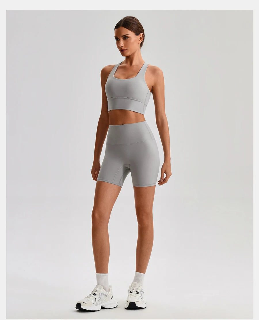 Buttery Soft Nylon Yoga Set Crisscross Back Sports Bra High Waist Biker Shorts 2 Piece Gym Set Workout Outfit Women Activewear