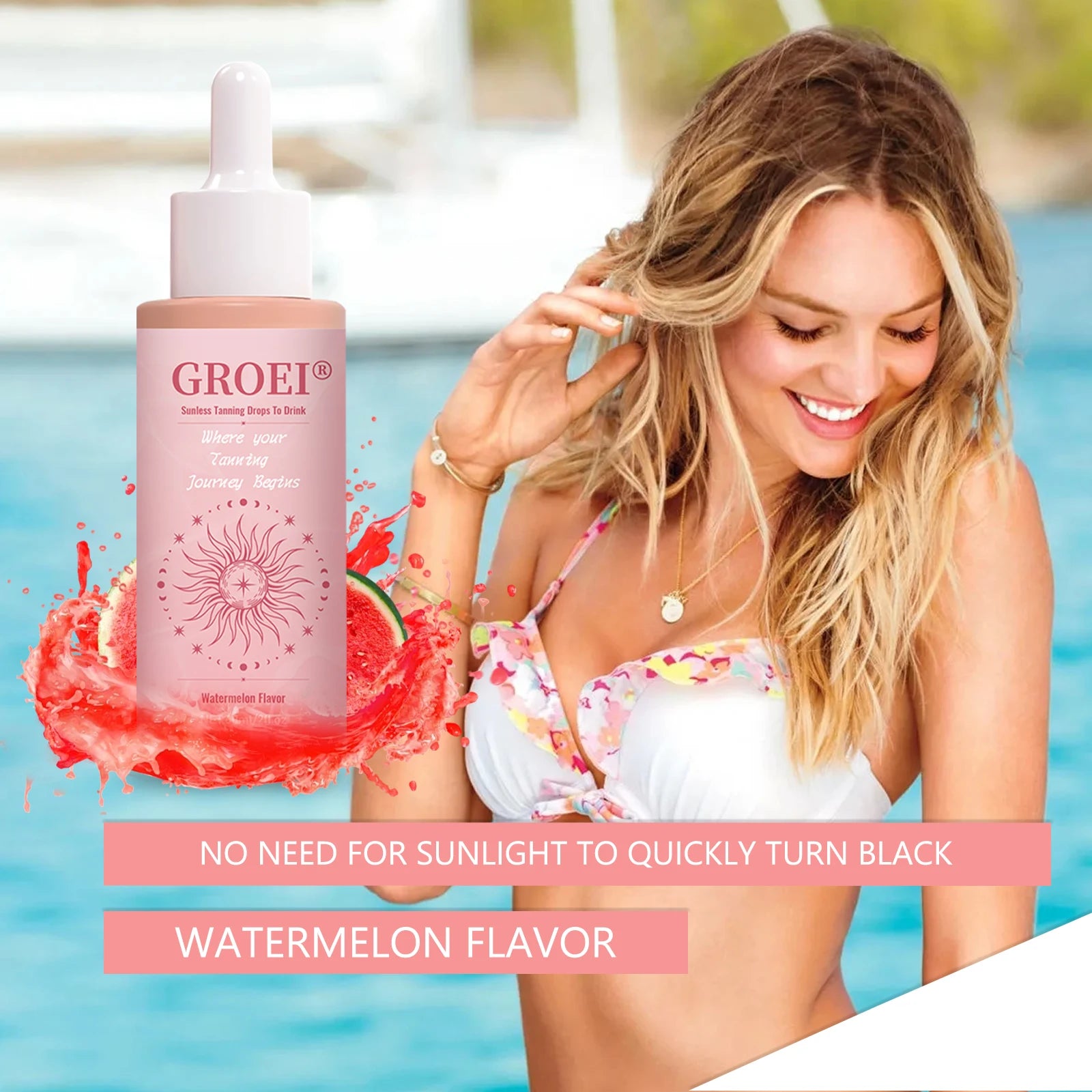 GROEI 60ml Selbstbräunertropfen zum Trinken – Natürlicher Wassermelonengeschmack, kein Sonnenlicht erforderlich, einfach anzuwendende Lösung für strahlende Haut