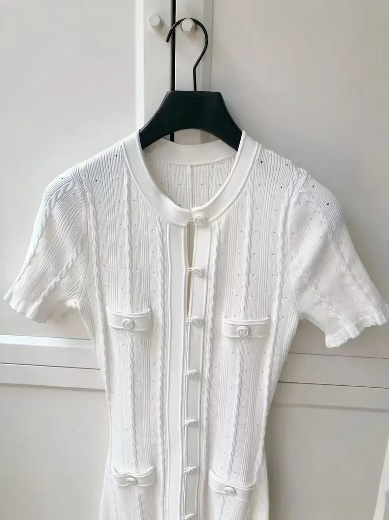 Sommer einfarbig Rundhals Kurzarm Business-Kleid Damen Koreanisch Einreiher Ausgeschnittenes langes Kleid Modetrend
