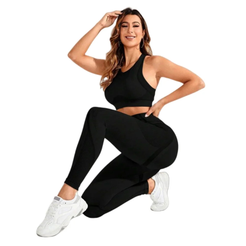 2-teiliger Anzug, Damen Yoga Anzug, schöne Rücken-High-Waist-Hosen-Kombination, nahtlose, super elastische, ideale Fitnesskleidung