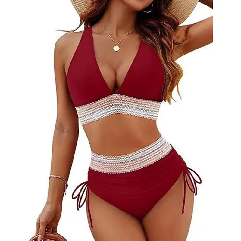 Sexy tiefer V-Ausschnitt Bikini Set Damen 2026 Sommer Strand mit Brustpolster Bademode High Waist Kordelzug Triangel Bikini
