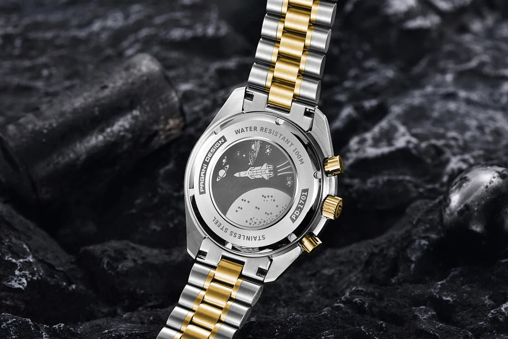 Neue PAGANI DESIGN Moon Men Uhr Retro-Luxus-Quarzuhren für Herren Edelstahl Sport wasserdicht Chronograph Herren+Mit BOX