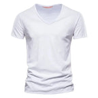 Frühling Sommer Baumwoll-T-Shirts Herren 2025 Schlichtes V-Ausschnitt Stretch Uni Neue Oberteile Kleidung Freizeit-T-Shirt Mann Streetwear Coole T-Shirts