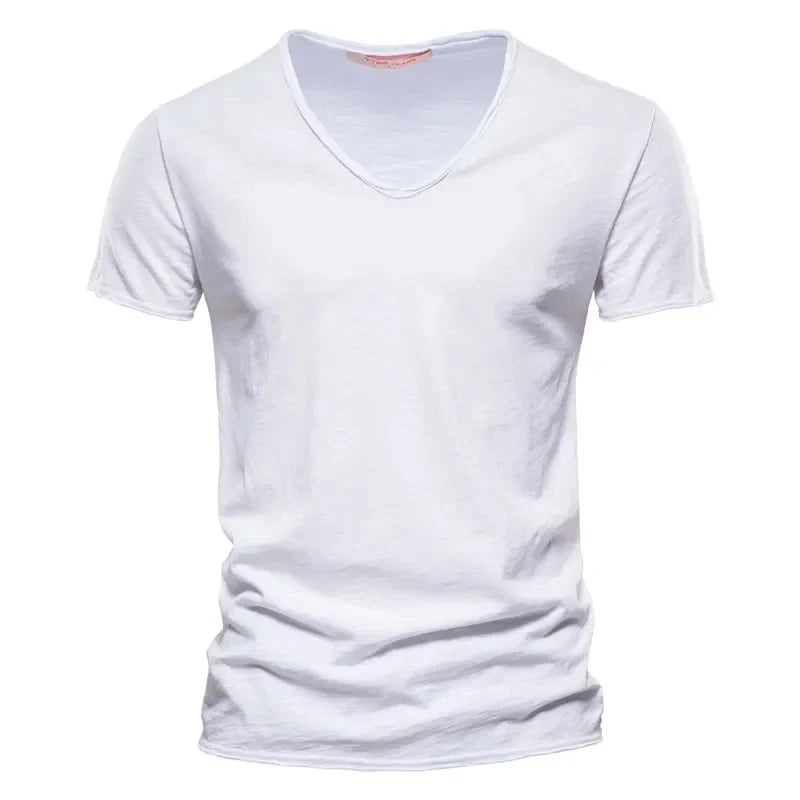 Frühling Sommer Baumwoll-T-Shirts Herren 2025 Schlichtes V-Ausschnitt Stretch Uni Neue Oberteile Kleidung Freizeit-T-Shirt Mann Streetwear Coole T-Shirts