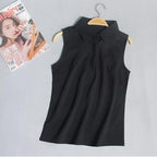 #2503 Damen Tops Und Blusen Ärmelloses Hemd Frauen Sommer Dünnes Weste Pullover Knopf Basic Top Chiffon Rot Weiß Schwarz Polokragen