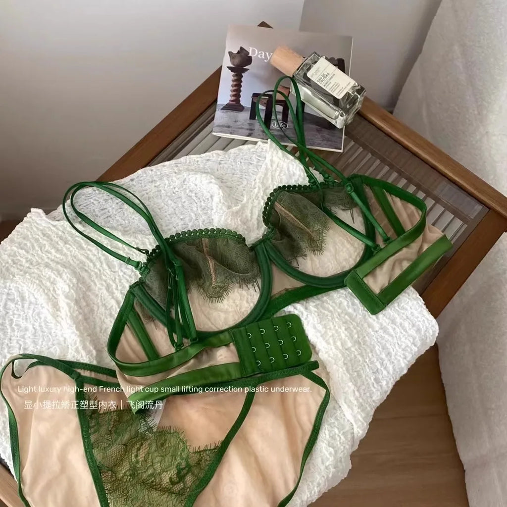 Japanisches Light Luxury Trägerloses Spitzen-BH-Set – Ultraleichter Half-Cup Minimizer aus Sheer Mesh & Spitze, nur noch 50 Sets im Flash Sale
