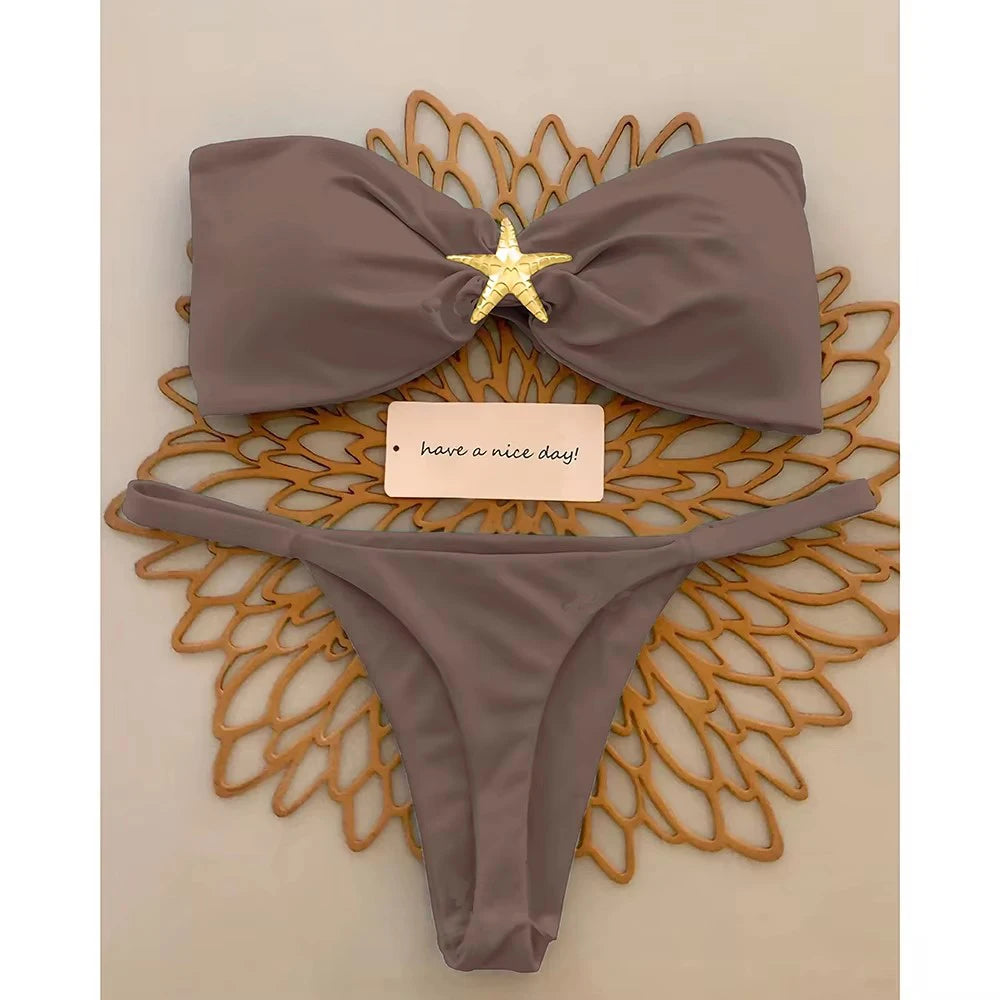 Sexy Bandeau Bikini Set 2026 Damen Himmelblau Seestern Verzierung Push Up String Bikini Brazilian Beach Badeanzug Micro Bademode