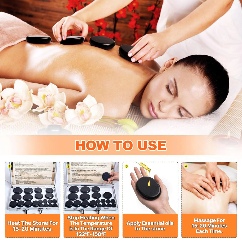 HEISSE STEINMASSAGE-SET - Professionelle Spa-Massagegeräte - Für Nacken, Rücken, Bauch, Beine & Ganzkörpermassage