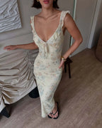 Kryptografischer Sommer Blumenmuster Plunge Maxikleid Outfits Sexy rückenfreie Feen Sonnenkleider Urlaub Strandmode Vestido Coquette