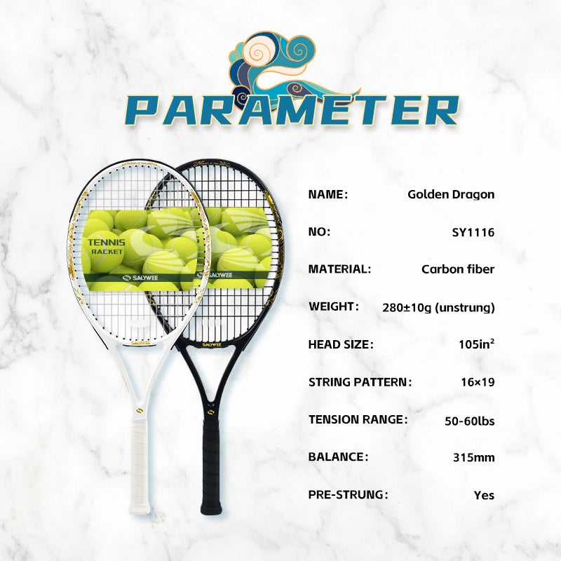 Golden-Dragon Carbonfaser Tennisschläger für Erwachsene, ideal für Fortgeschrittene, Drachen-Design im chinesischen Stil, 50–60 lbs, Gratis-Geschenke