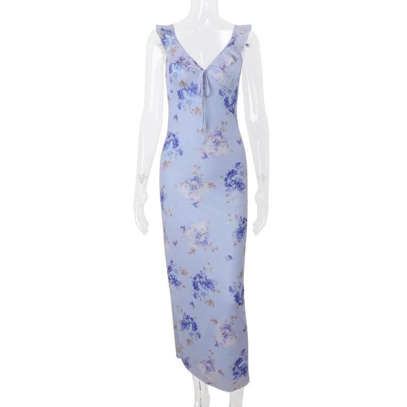 Kryptografischer Sommer Blumenmuster Plunge Maxikleid Outfits Sexy rückenfreie Feen Sonnenkleider Urlaub Strandmode Vestido Coquette