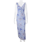 Kryptografischer Sommer Blumenmuster Plunge Maxikleid Outfits Sexy rückenfreie Feen Sonnenkleider Urlaub Strandmode Vestido Coquette