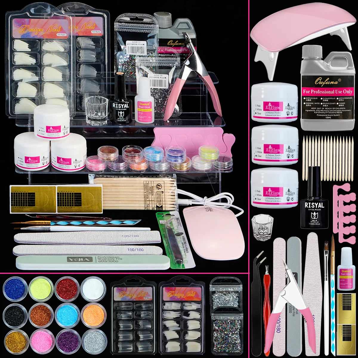 Acryl-Nagelset Starter-Set Acrylpulver mit UV-Licht Professionelle Werkzeuge mit Dekoration für Anfänger Heim-Salon Geschenke