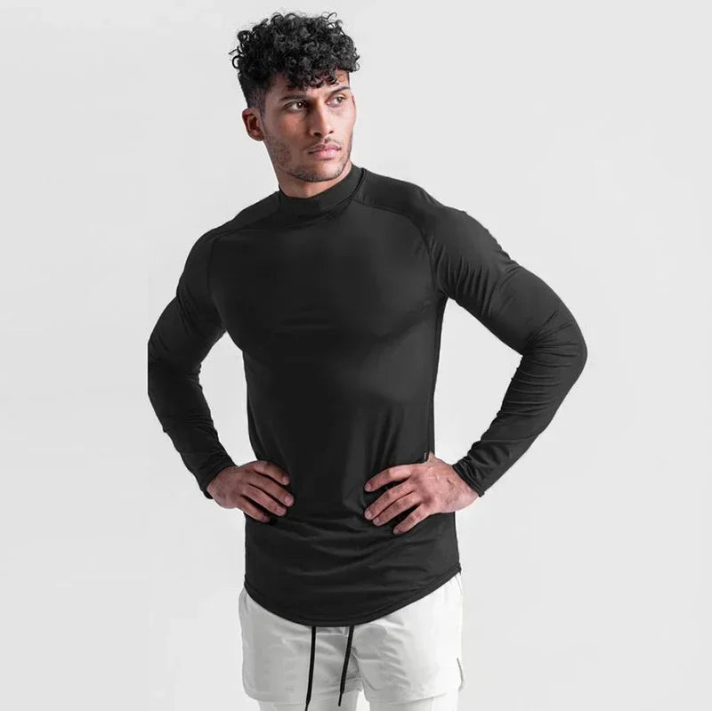 Einfarbige, eng anliegende, schweißabsorbierende, elastische Shirts Fitnessstudio Bodybuilding Fitness Rollkragen-T-Shirts Herren Langarm Schnelltrocknend Herbstkleidung