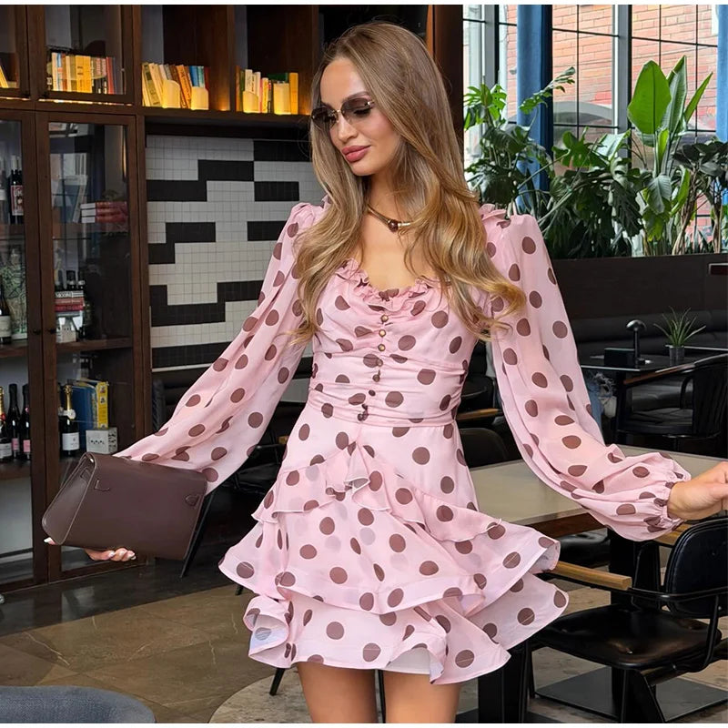 Elegantes Polka Dots Freizeitkleid für Damen Pink Rüschen Langarm A-Linie Sommerkleider Lady Neue Mode Street Robe 2026
