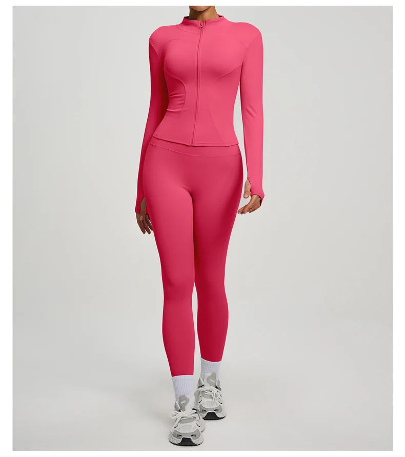 SVEIC Damen Zweiteiliger Trainingsanzug Yoga Set Langarmjacke High Waisted Leggings Atmungsaktive Sportkleidung Für Frauen